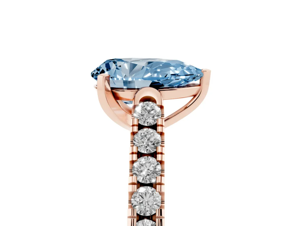 Fancy Blue Pear Cut Diamond Pavé Band Solitaire Ring with Prong Setting Rose gold
