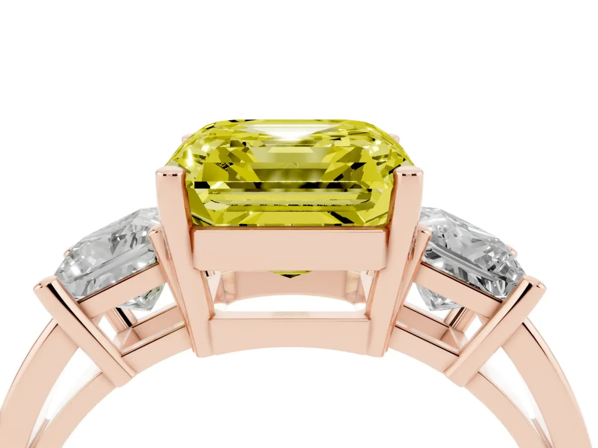 Fancy Yellow Three-Stone Asscher Cut Cut Solitaire Ring with Prong Setting Rose gold