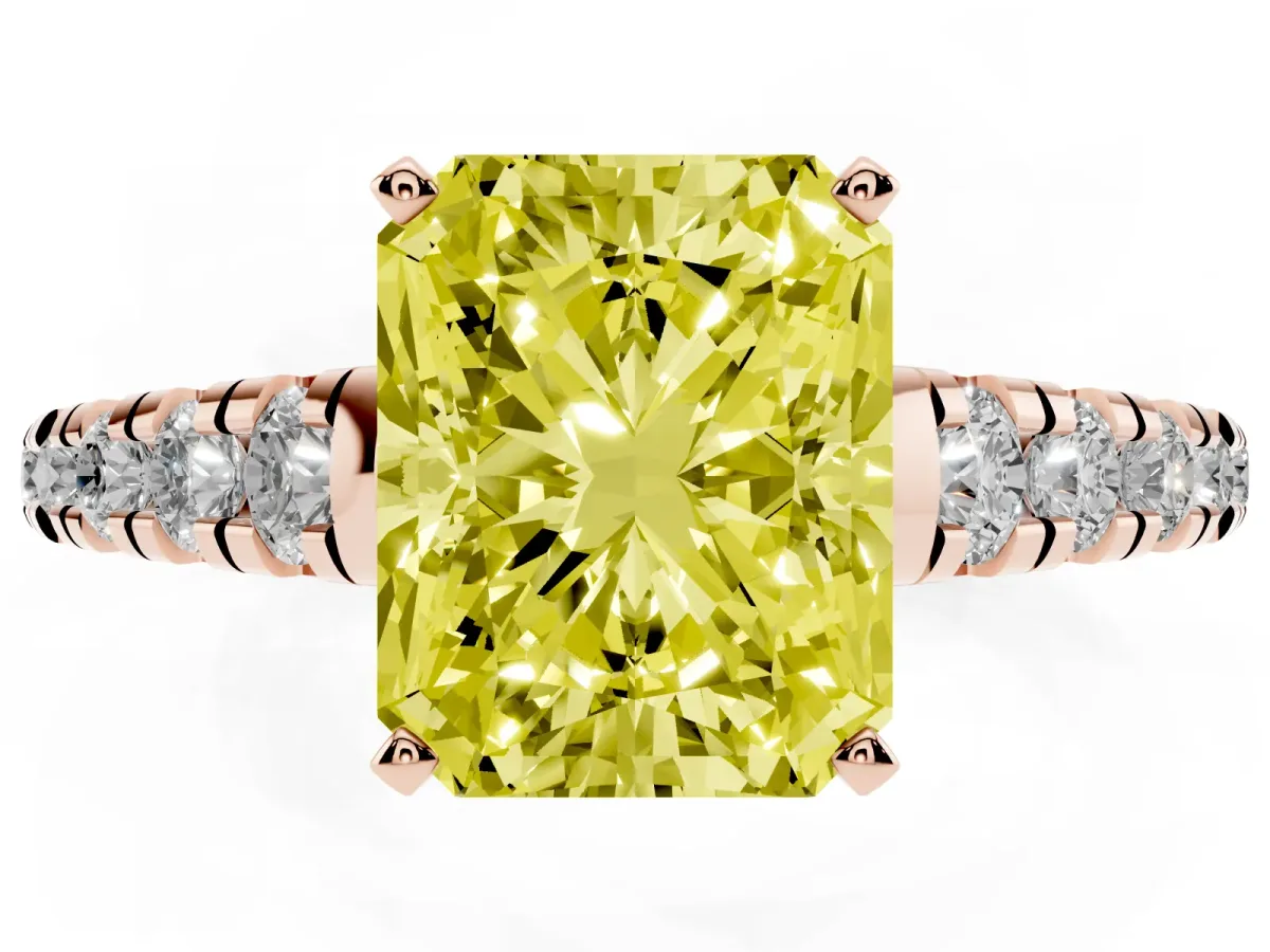Fancy Yellow Radiant Cut Diamond Cathedral Solitaire Ring with Round Pavé Band Rose gold