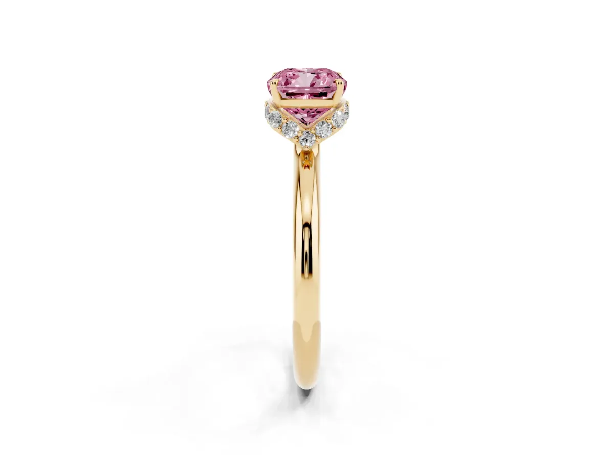Fancy Pink Cushion Cut Brilliant Solitaire Engagement Ring with Six-Prong Setting and Classic Band Yellow gold