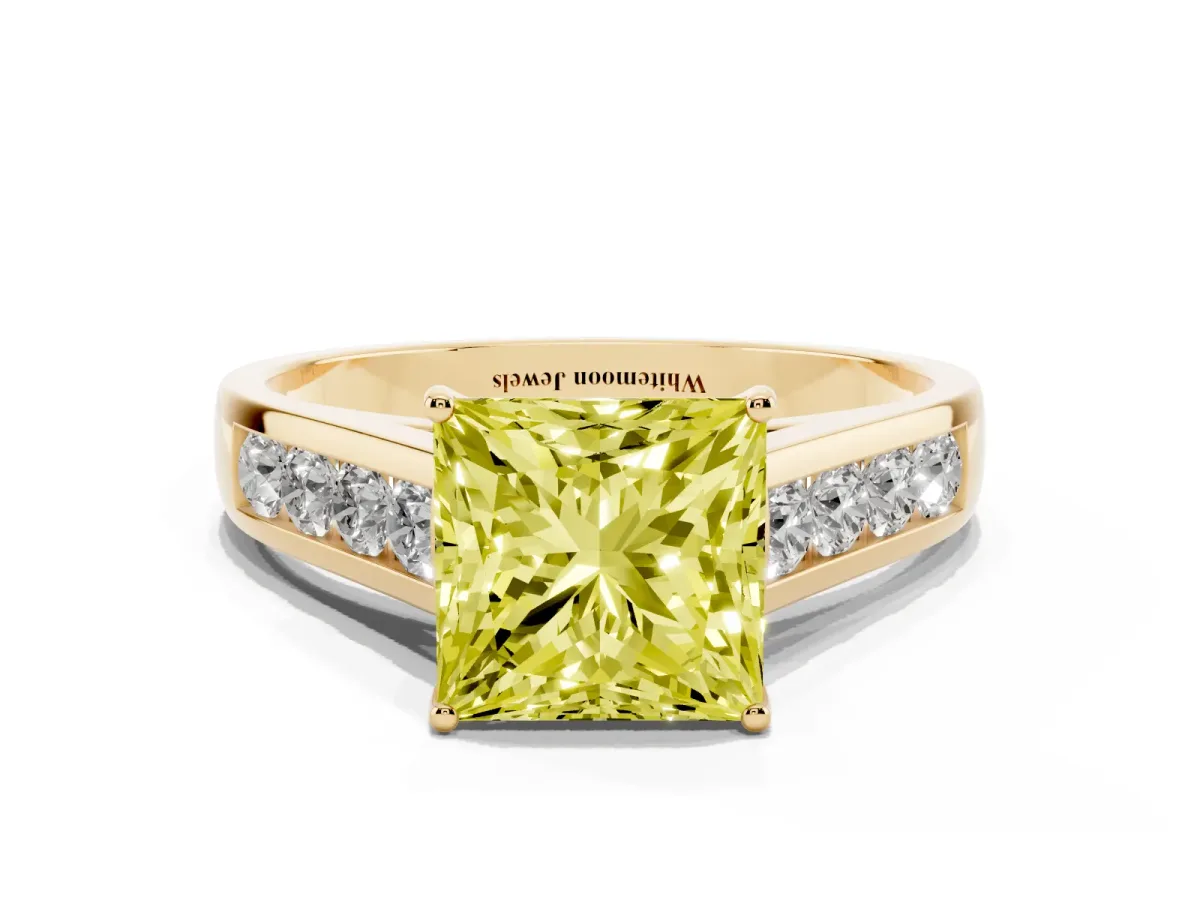 Fancy Yellow Princess Cut Brilliant Channel-Set Solitaire Ring with Four-Prong Setting Yellow gold