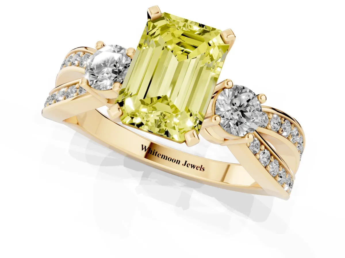Fancy Yellow Three-Stone Emerald Cut Cut Diamond Twist Band with Prong Setting Yellow gold