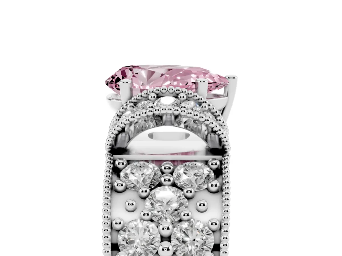 Fancy Pink Pear Cut Halo Pave Diamond Engagement Ring with Milgrain Detailing Silver