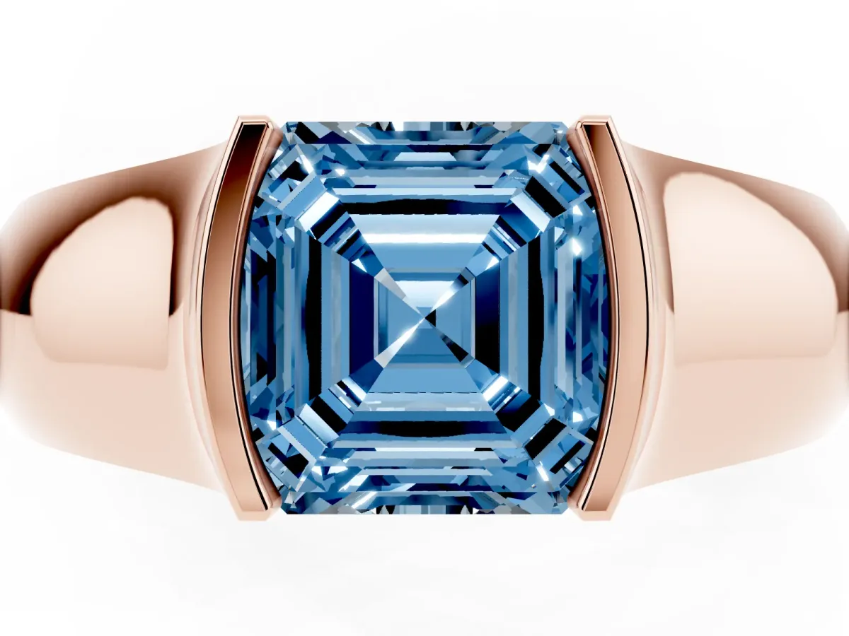 Fancy Blue Asscher Cut Solitaire Bezel Set Diamond Ring with Wide Band Rose gold