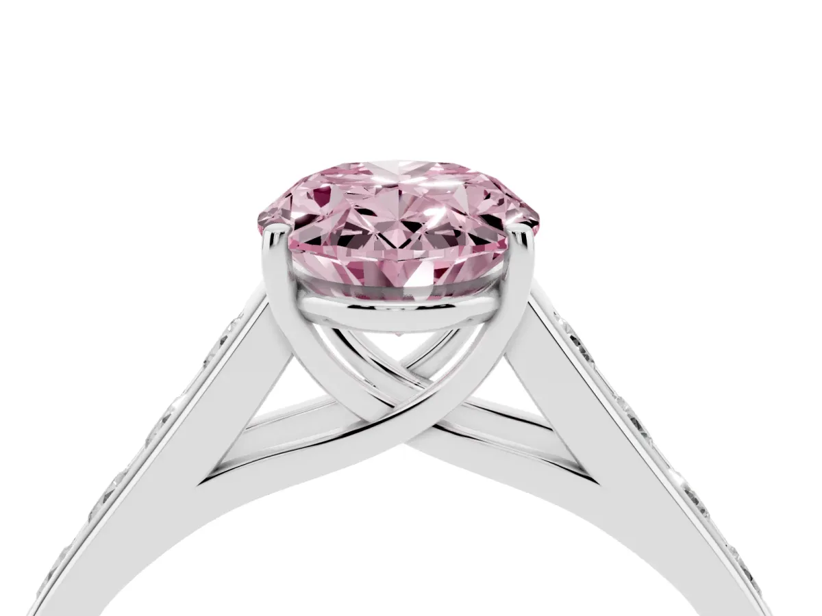 Fancy Pink Oval Cut Brilliant Channel-Set Solitaire Ring with Four-Prong Setting Platinum