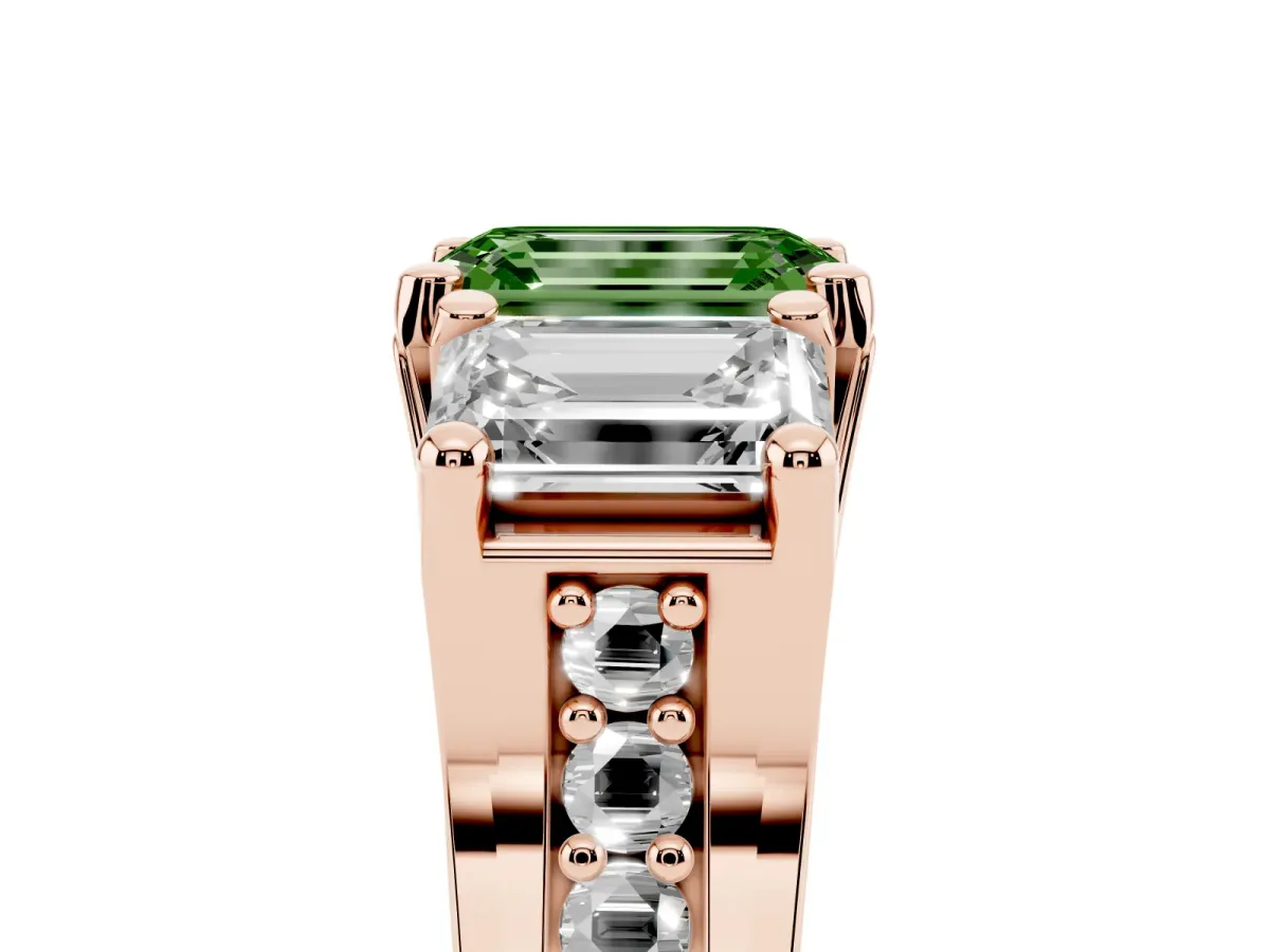Fancy Green Emerald Cut Diamond Three-Stone Ring with Channel Set Band and Four-Prong Setting Rose gold