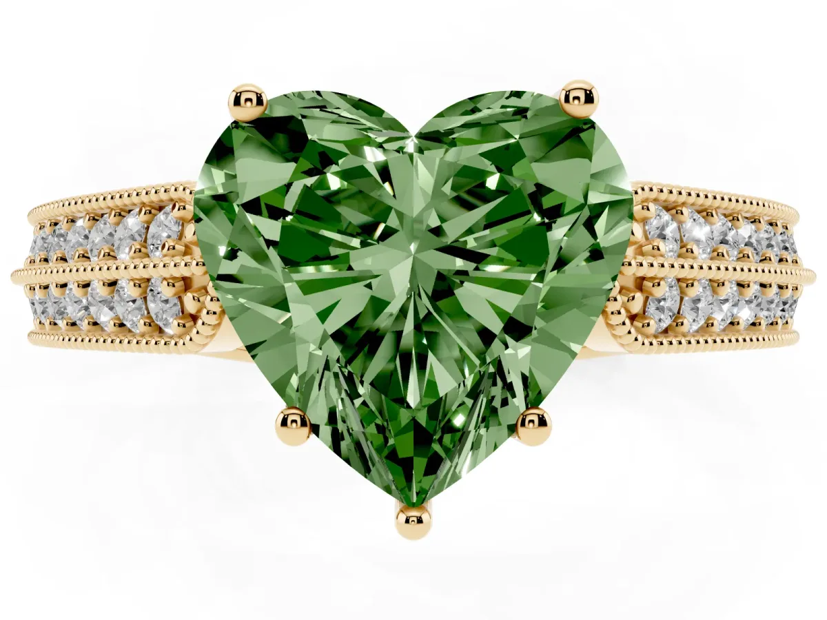 Fancy Green Heart Cut Cut Pave Split Shank Engagement Ring with Four-Prong Setting Yellow gold