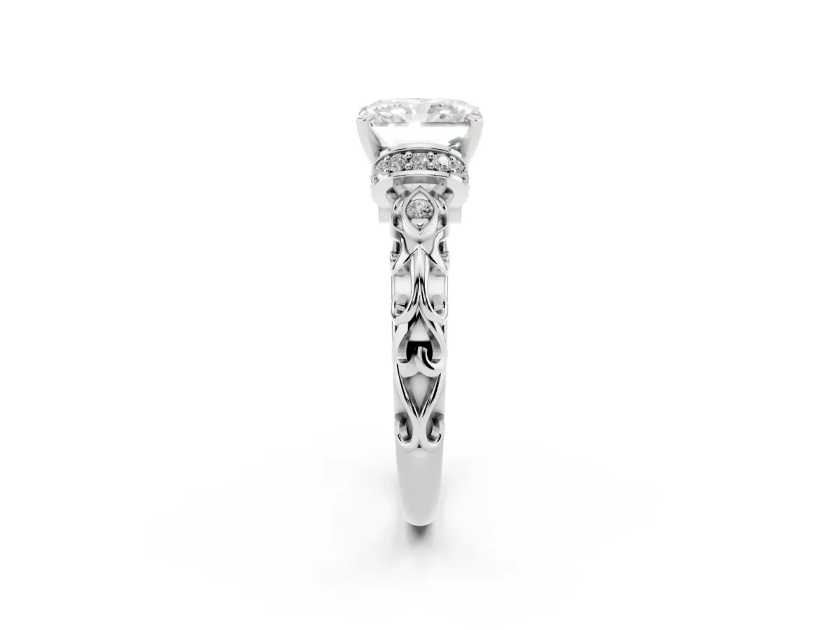 Radiant Cut Diamond Solitaire Ring with Filigree Band and Four-Prong Setting Silver