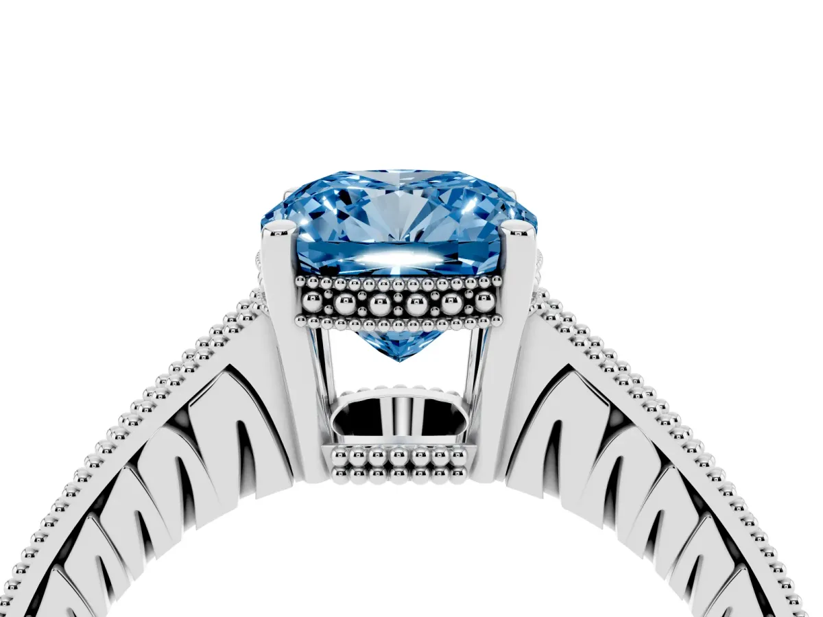 Fancy Blue Cushion Cut Solitaire Pavé Diamond Milgrain Engagement Ring with Four-Prong Setting Silver