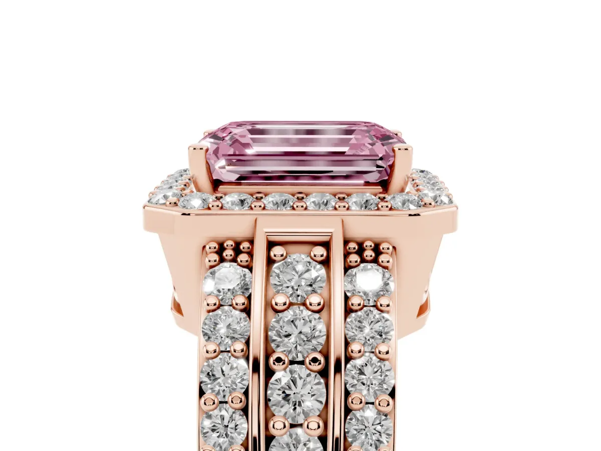 Fancy Pink Emerald Cut Halo Diamond Ring with Round Split Shank and Prong Setting Rose gold