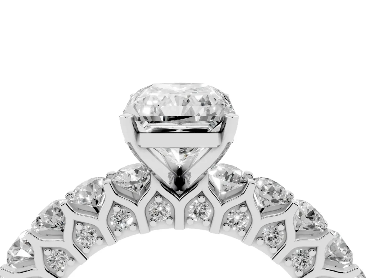 Radiant Cut Diamond Solitaire Ring with Shared Prong Pavé Band and Four-Prong Setting Platinum