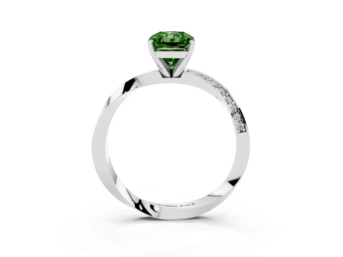 Fancy Green Radiant Cut Diamond Engagement Ring with Side Stone Accents and Four-Prong Setting Platinum