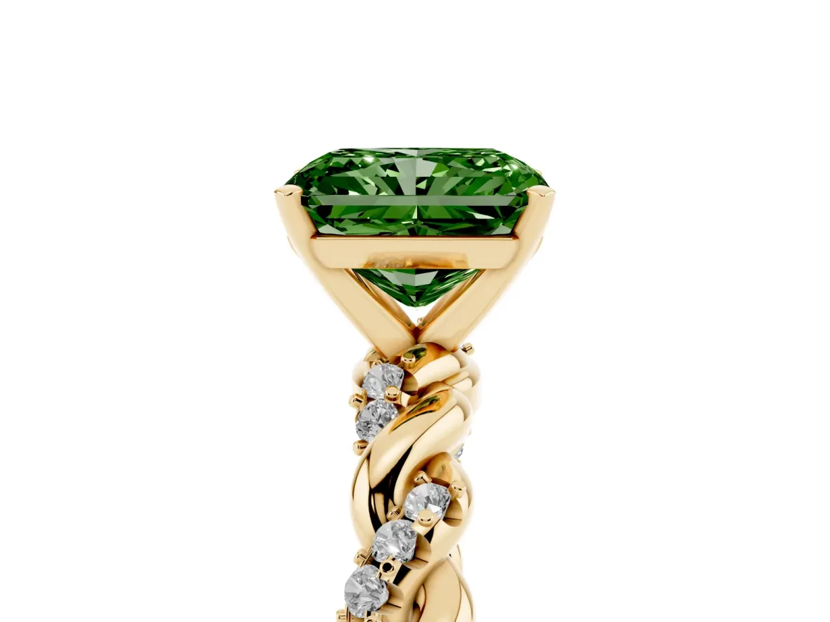 Fancy Green Radiant Cut Diamond Solitaire Ring with Twisted Band and Pavé Accents Yellow gold