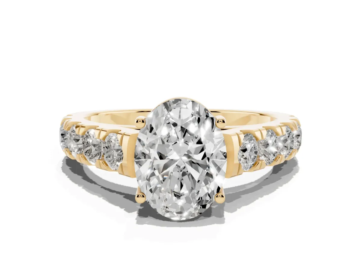 Oval Cut Cut Diamond Solitaire Ring with Micro Pave Band and Prong Setting Yellow gold