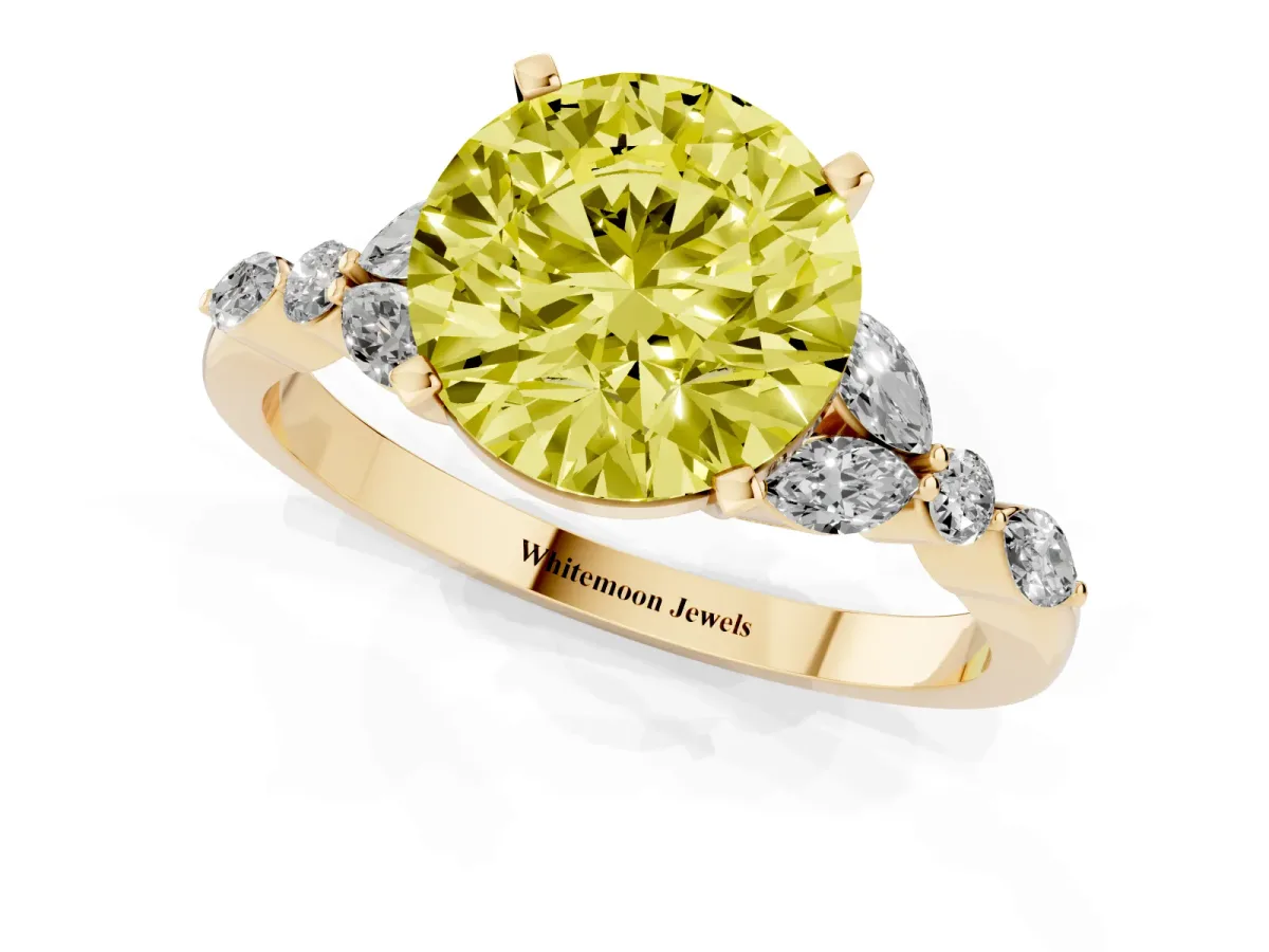 Fancy Yellow Round Cut Diamond Solitaire Ring with Side Stones and Four-Prong Setting Yellow gold