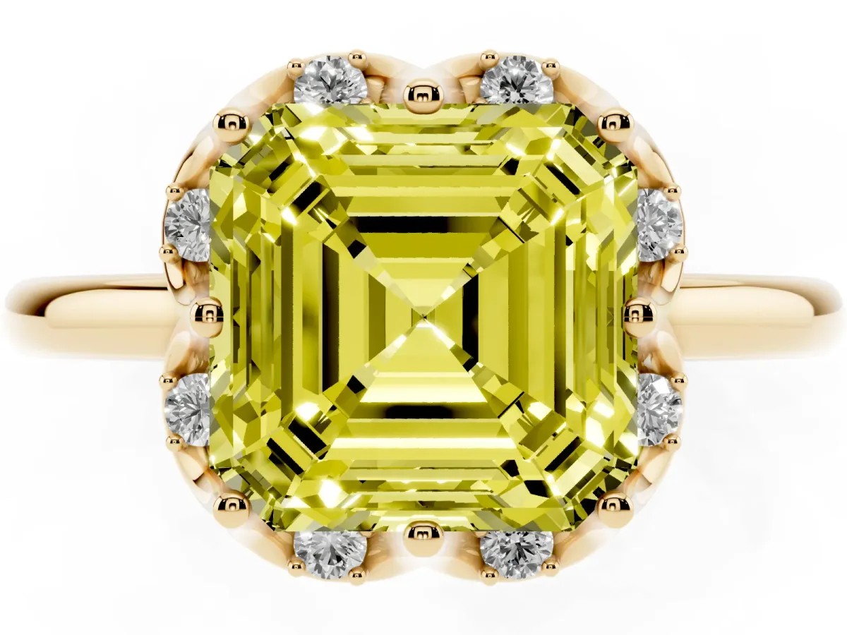 Fancy Yellow Asscher Cut Halo Diamond Ring with Round Cluster Setting, Solitaire Band, and Four-Prong Setting Yellow gold