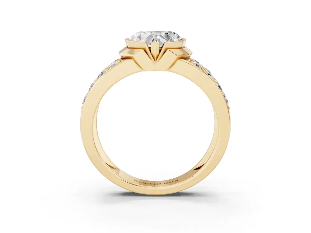 Heart Cut Brilliant Diamond Channel Set Wide Band Ring with Bezel Setting Yellow gold