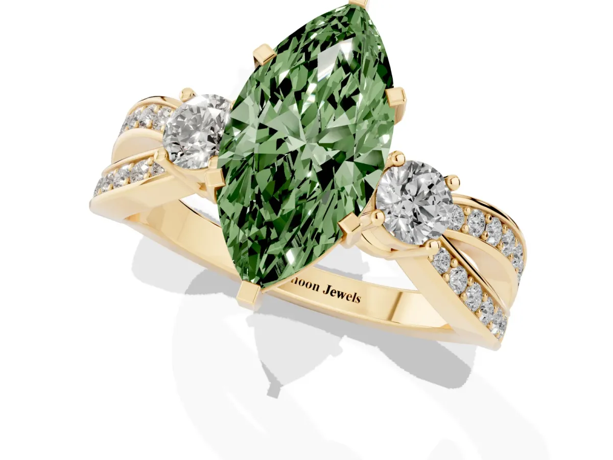 Fancy Green Three-Stone Marquise Cut Cut Diamond Twist Band with Prong Setting Yellow gold