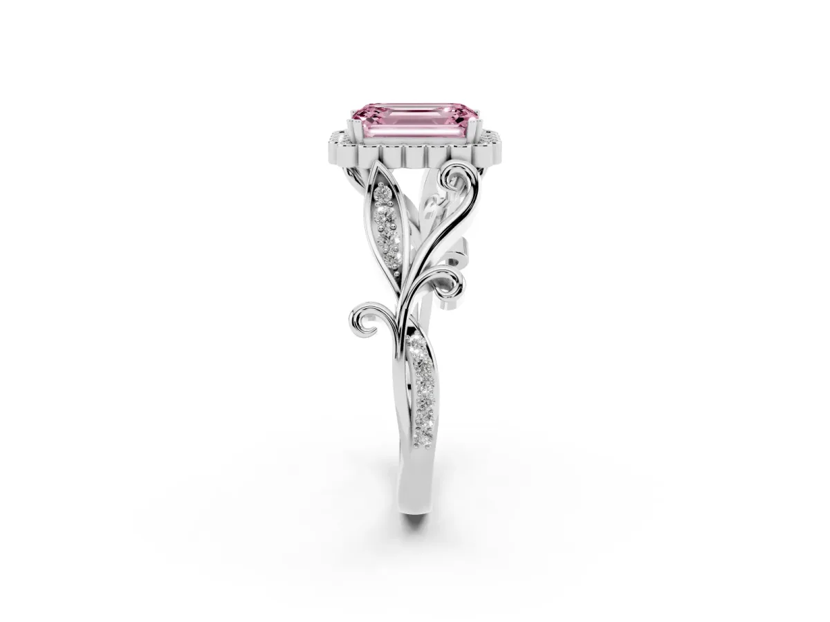 Fancy Pink Emerald Cut Diamond Halo Ring with Vintage Split Shank and Four-Prong Setting Silver