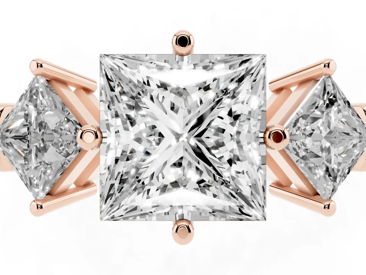 Three-Stone Princess Cut and Princess Cut Diamond Ring with Channel Band and Four-Prong Setting Rose gold