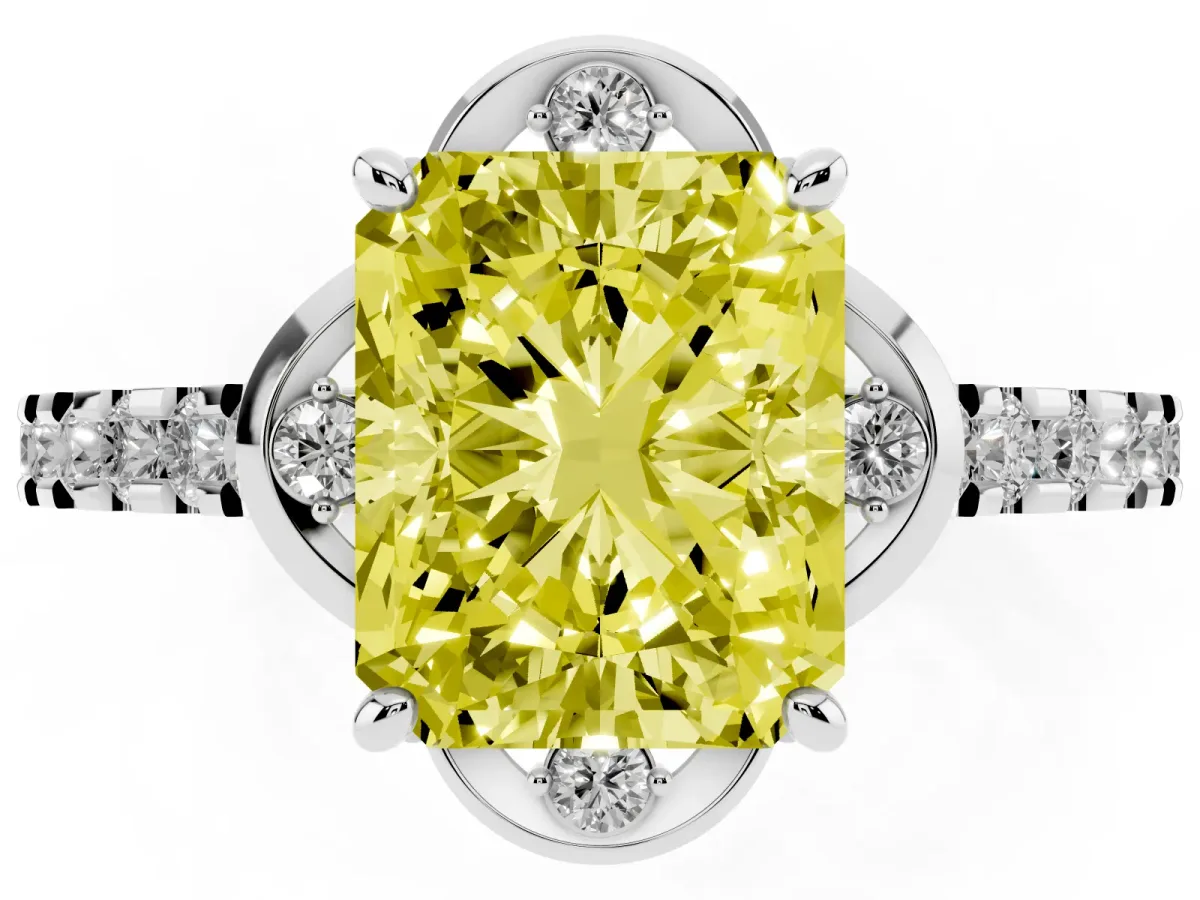 Fancy Yellow Radiant Cut Diamond Ring with Pavé Band and Floral Prong Setting White gold