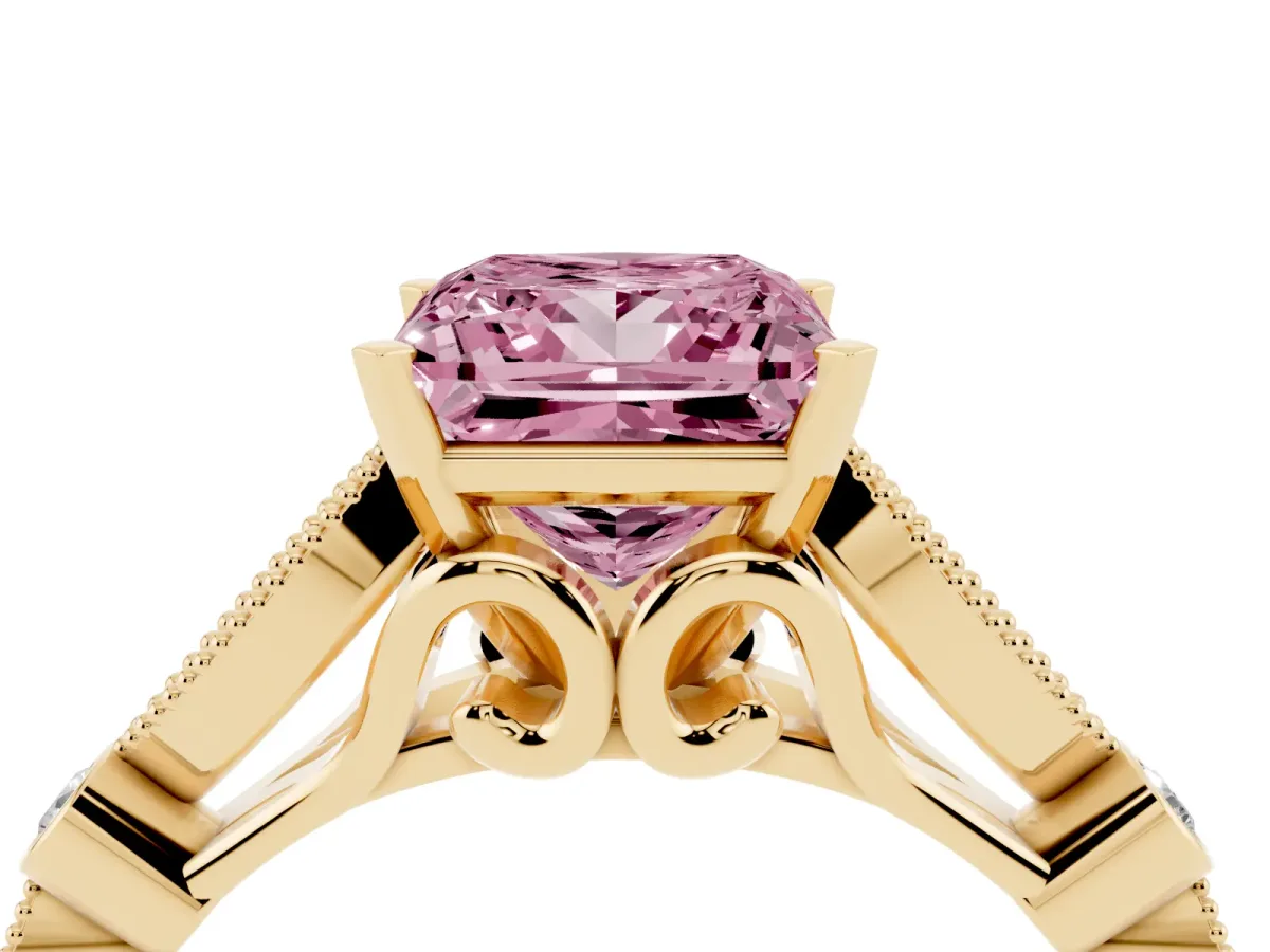 Fancy Pink Princess Cut Cut Diamond with Milgrain Marquise and Bezel Accents on a Solitaire Band with Prong Setting Yellow gold