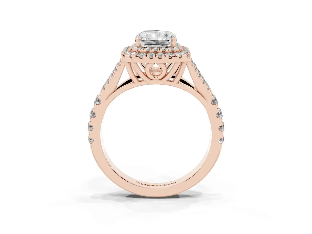 Double Halo Radiant Cut Diamond Split Shank Engagement Ring with Four-Prong Setting Rose gold