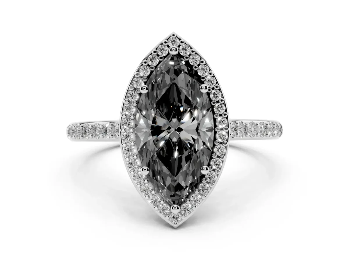 Fancy Black Marquise Cut Diamond Halo Engagement Ring with Round Pavé Shoulders and Prong Setting Platinum