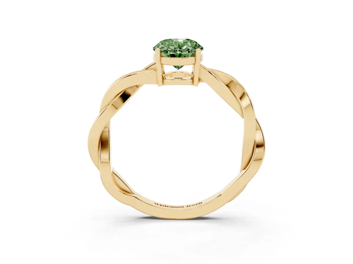 Fancy Green Oval Cut Solitaire Twisted Pave Diamond Ring with Four-Prong Setting Yellow gold