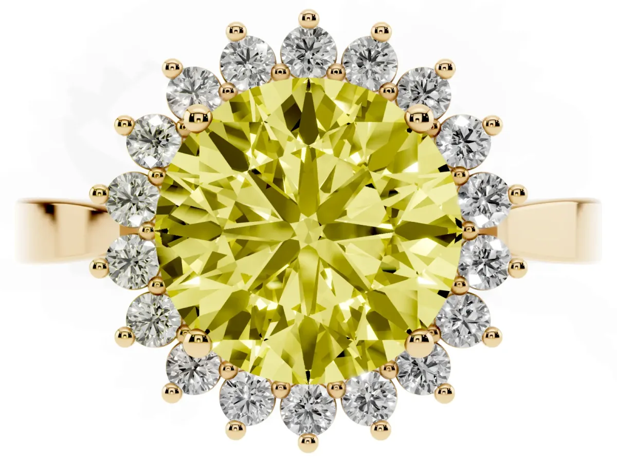 Fancy Yellow Round Cut Cut Diamond Halo Ring with Round Brilliant Halo and Solitaire Band Yellow gold