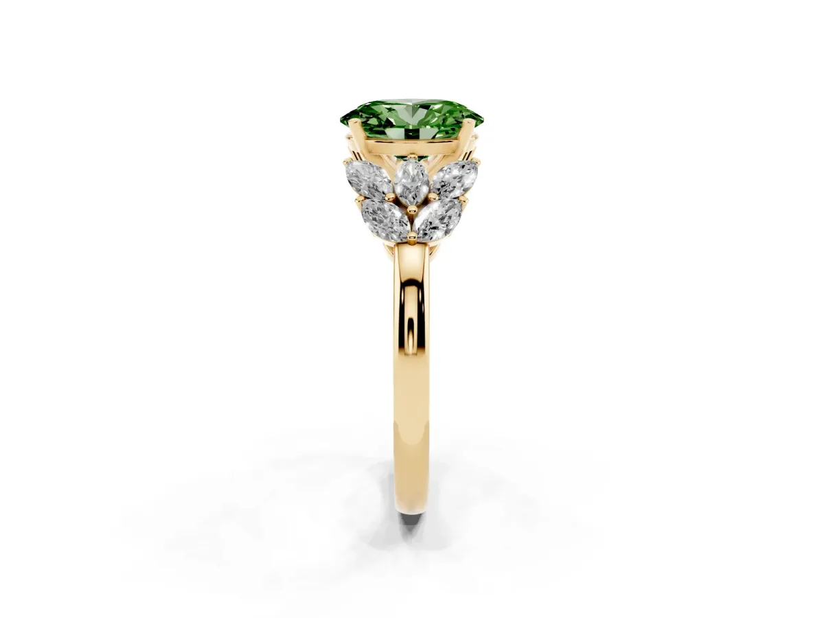 Fancy Green Oval Cut Diamond Cluster Leaf Design Ring with Prong Setting Yellow gold