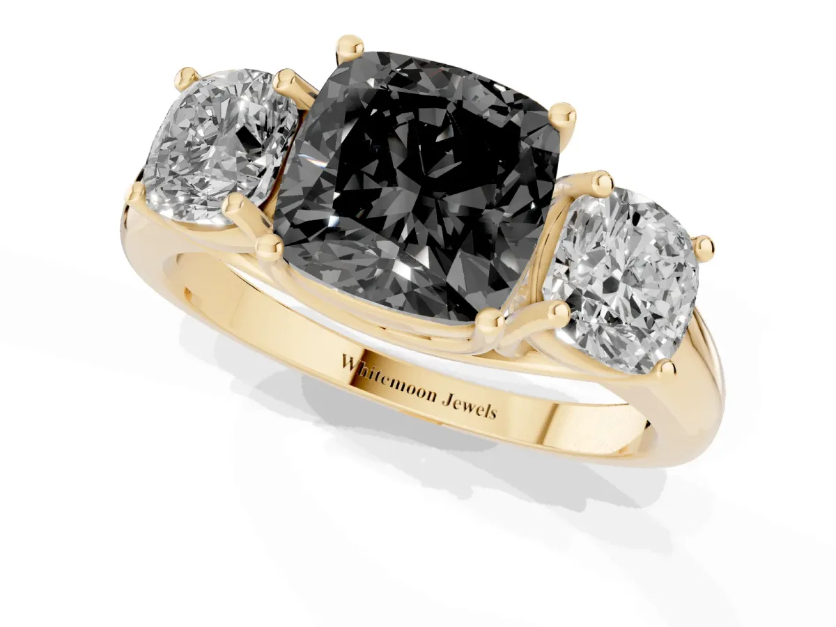 Fancy Black Three-Stone Cushion Cut Diamond Engagement Ring with Prong Setting Yellow gold