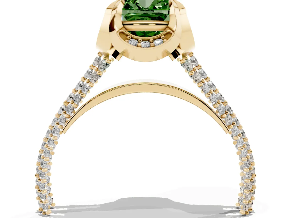 Fancy Green Cushion Cut Solitaire Pave Split Shank Ring with Four-Prong Setting Yellow gold