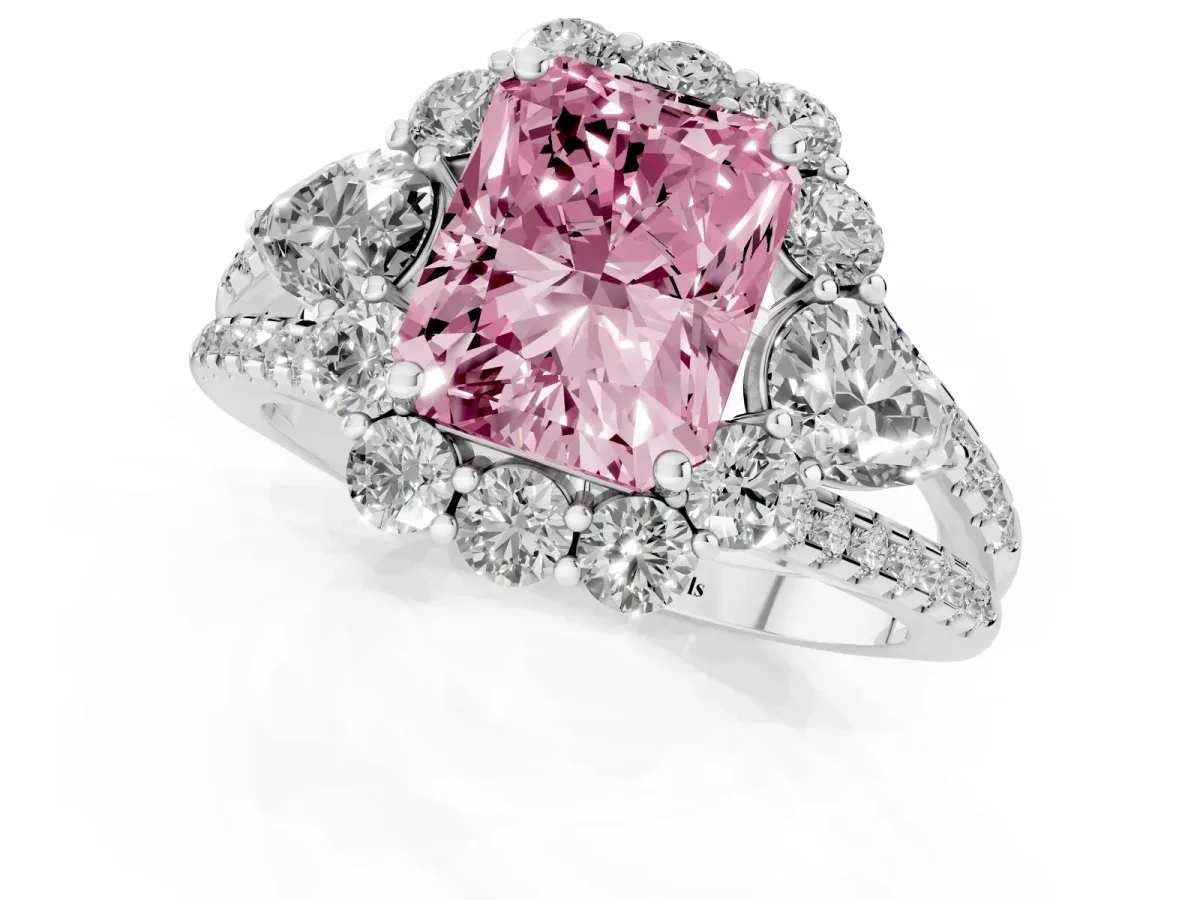 Fancy Pink Radiant Cut Halo Split Shank Diamond Engagement Ring with Prong Setting Silver
