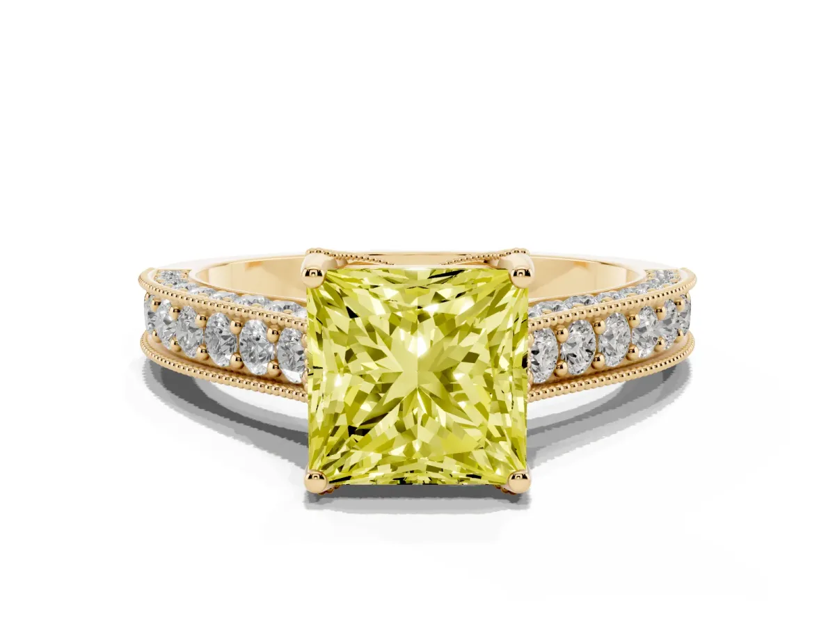 Fancy Yellow Princess Cut Cut Diamond Solitaire Ring with Milgrain Pave Band and Four Prong Setting Yellow gold