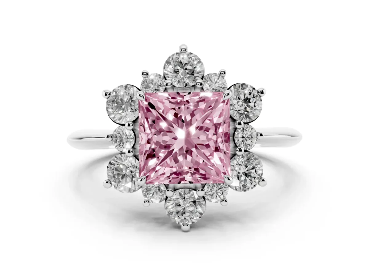 Fancy Pink Princess Cut Diamond Cluster Halo Ring with Solitaire Band and Four-Prong Setting Platinum