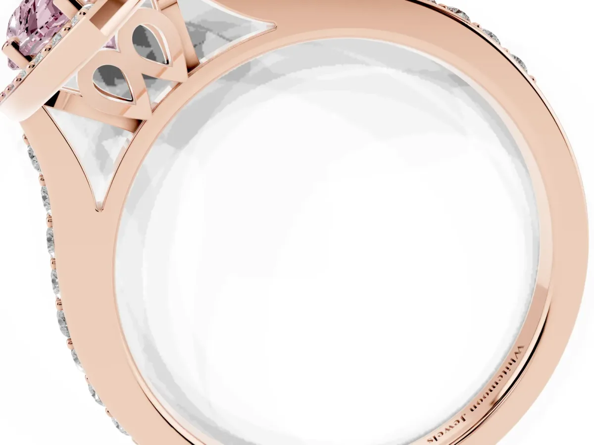 Fancy Pink Marquise Cut Diamond Halo Engagement Ring with Round Pavé Shoulders and Prong Setting Rose gold
