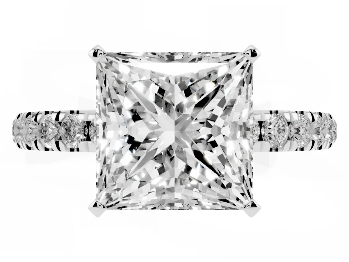 Princess Cut Diamond Solitaire Ring with Pavé Accents and Four-Prong Setting Silver