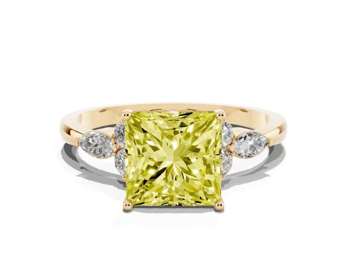 Fancy Yellow Princess Cut Brilliant Diamond Solitaire Ring with Pear Side Stones and Four-Prong Setting Yellow gold