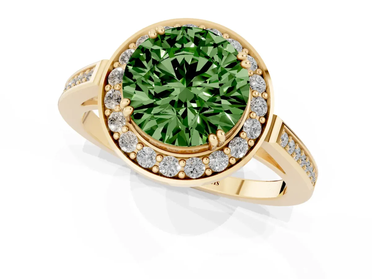 Fancy Green Round Cut Diamond Halo Ring with Split Shank and Four-Prong Setting Yellow gold