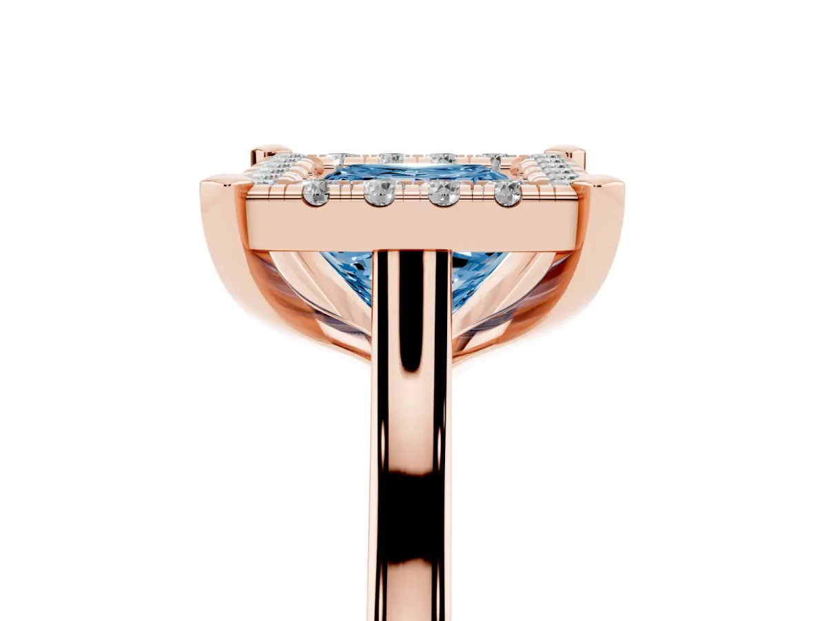 Fancy Blue Princess Cut Diamond Cluster Halo Solitaire with Four-Prong Setting Rose gold