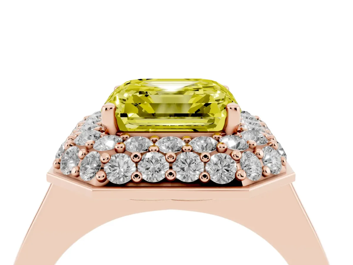 Fancy Yellow Asscher Cut Halo Diamond Engagement Ring with Solitaire Band and Four-Prong Setting Rose gold