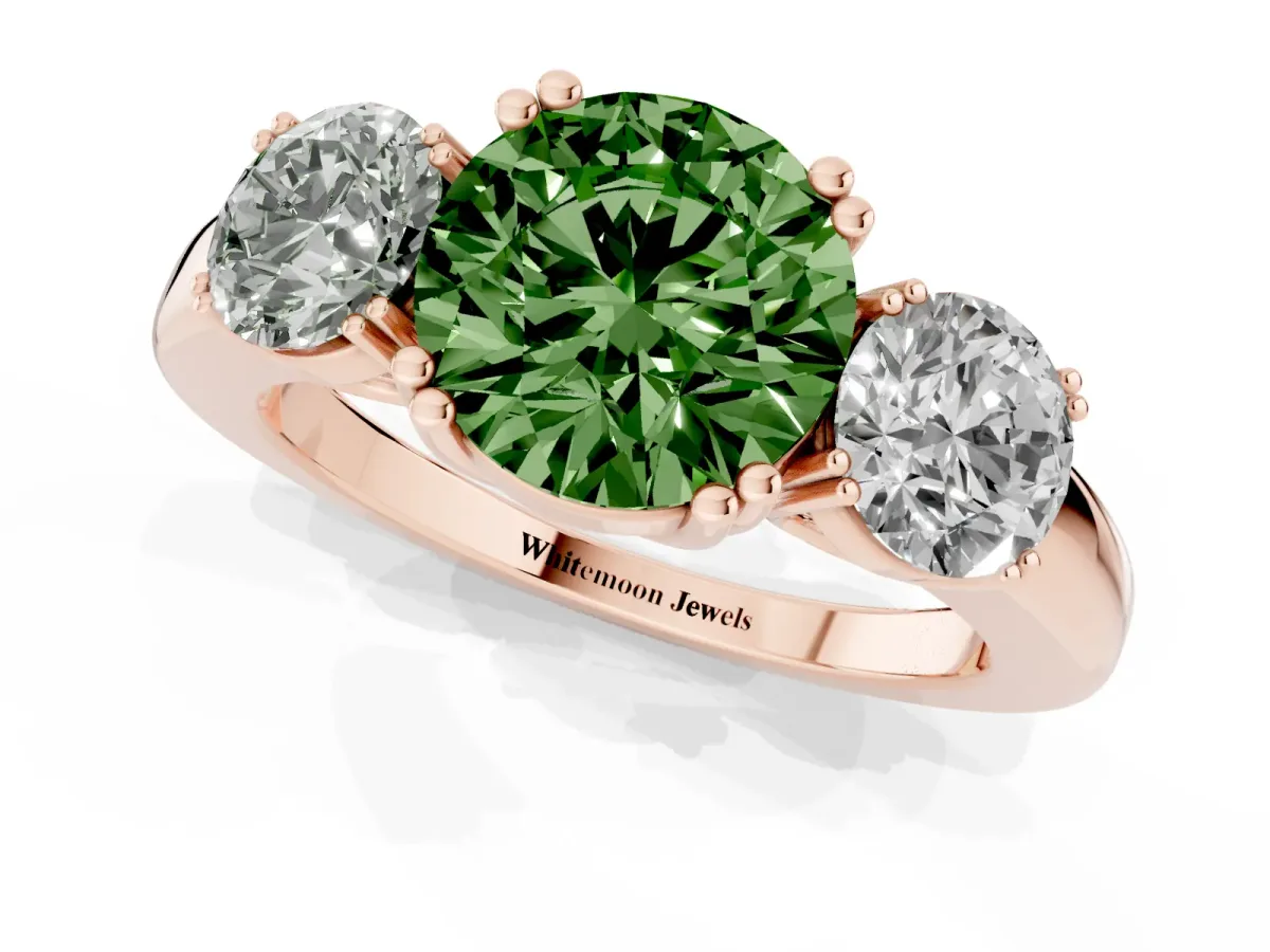 Fancy Green Three-Stone Round Cut Cut Diamond Ring with Channel Set Band and Four-Prong Setting Rose gold