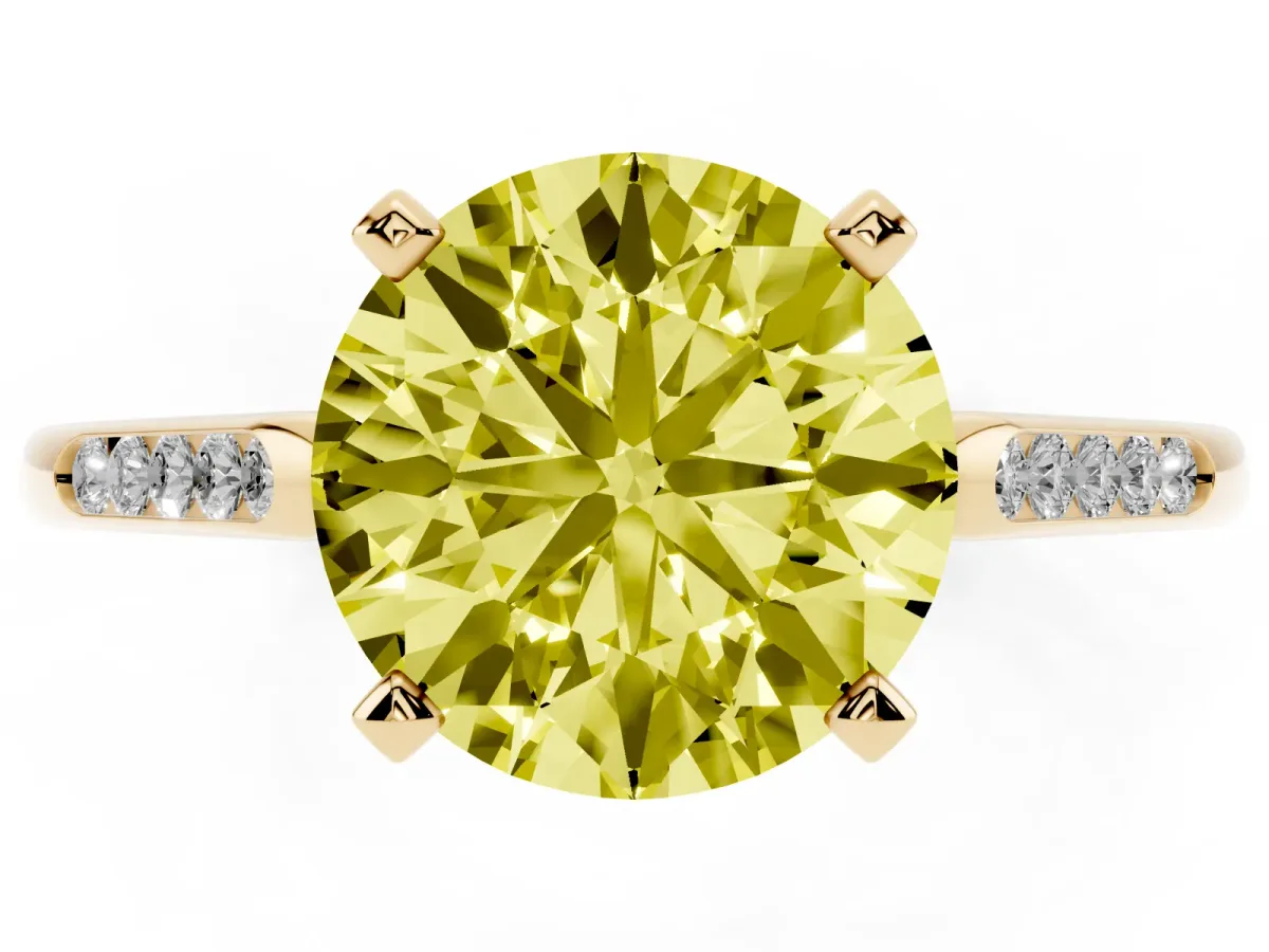 Fancy Yellow Round Cut Diamond Solitaire Ring with Channel Set Round Band and Prong Setting Yellow gold