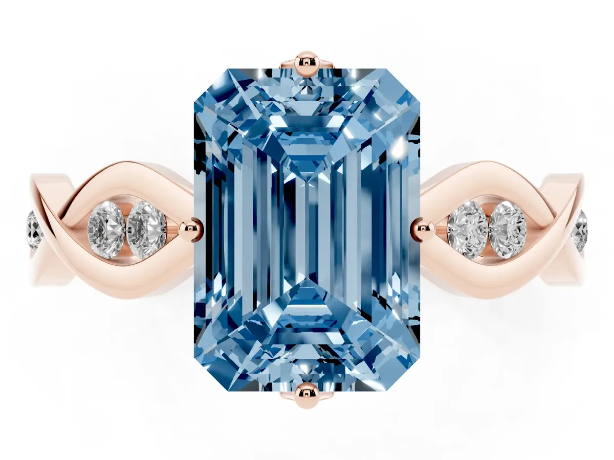 Fancy Blue Emerald Cut Solitaire Twist Band with Leaf Prong Setting Rose gold