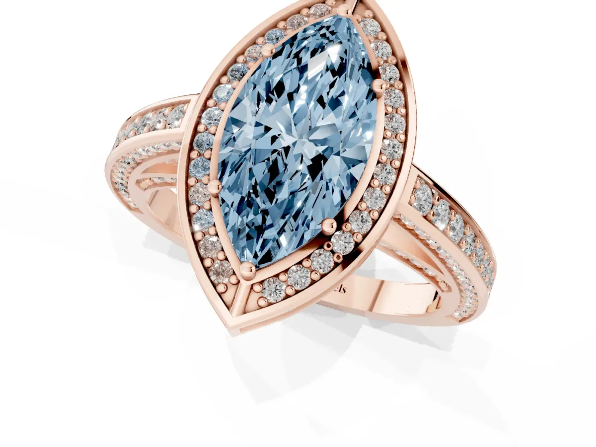 Fancy Blue Marquise Cut Cut Halo Pave Split Shank Prong Setting Ring Rose gold
