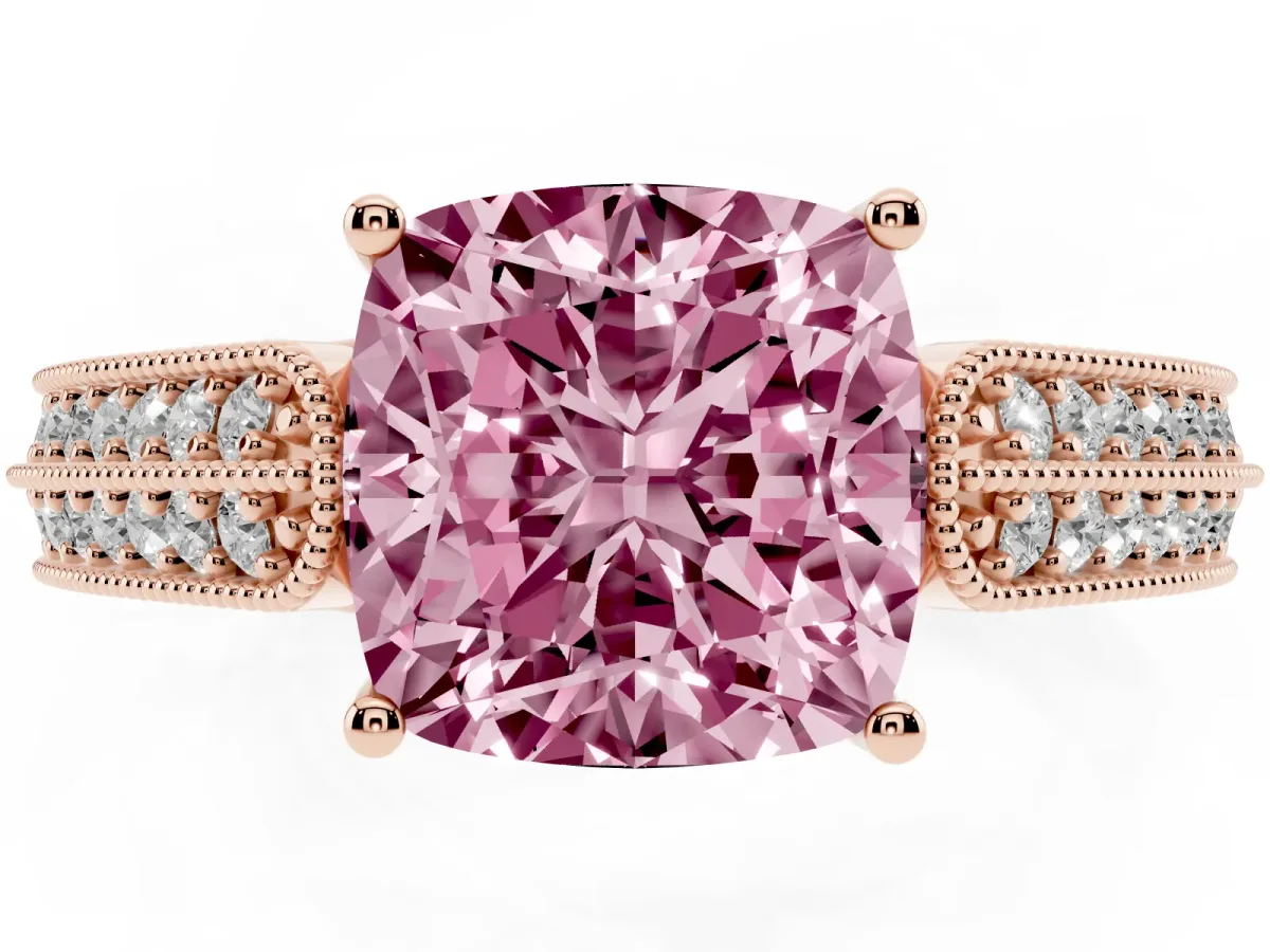 Fancy Pink Cushion Cut Cut Pave Split Shank Engagement Ring with Four-Prong Setting Rose gold
