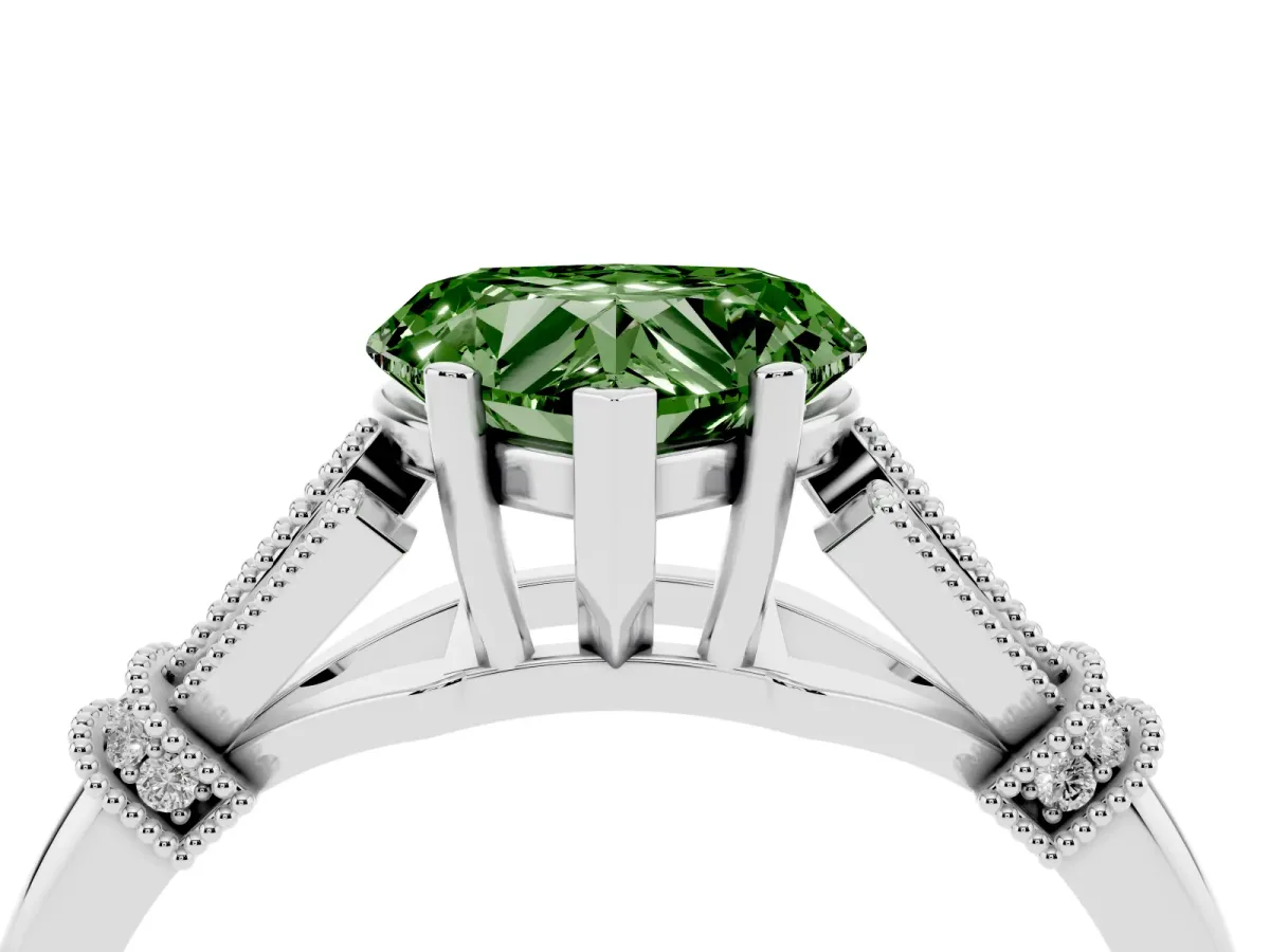 Fancy Green Heart Cut Diamond Solitaire Ring with Floral Filigree and Pave Accents Silver