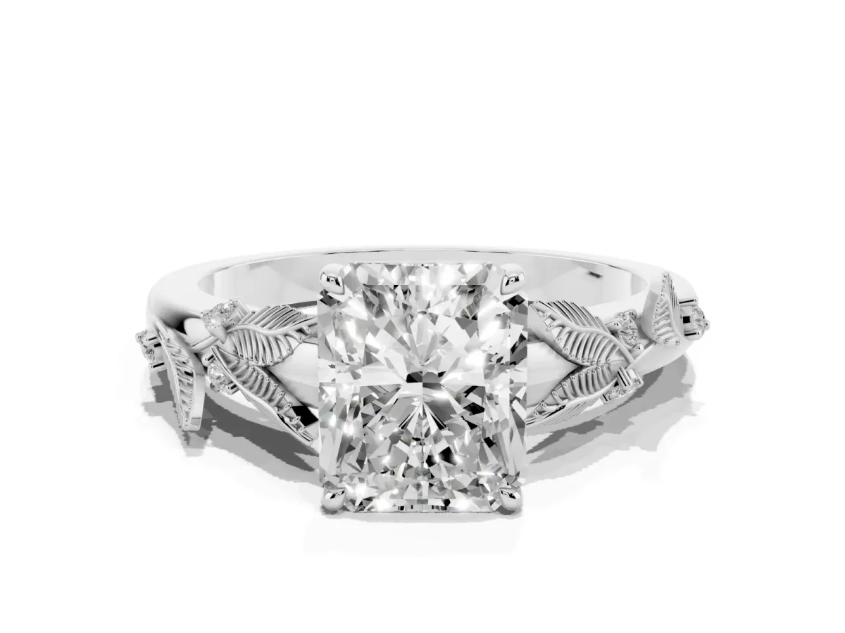 Radiant Cut Diamond Solitaire Ring with Leaf Motif Band and Four-Prong Setting Silver