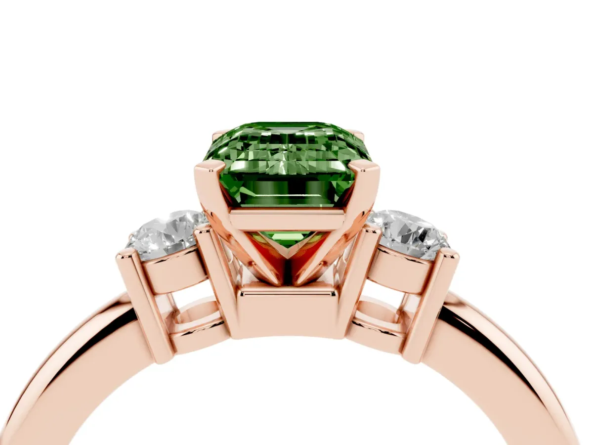 Fancy Green Three-Stone Emerald Cut Cut Diamond Solitaire with Prong Setting and Classic Band Rose gold